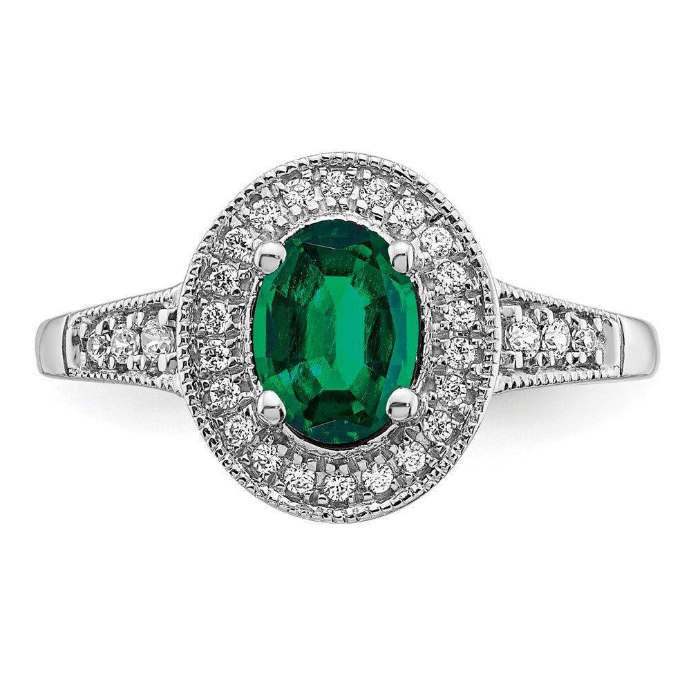 14k White Gold Oval Created Emerald and Diamond Halo Ring