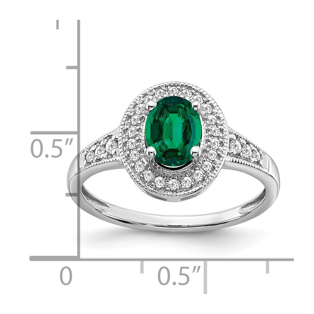 14k White Gold Oval Created Emerald and Diamond Halo Ring