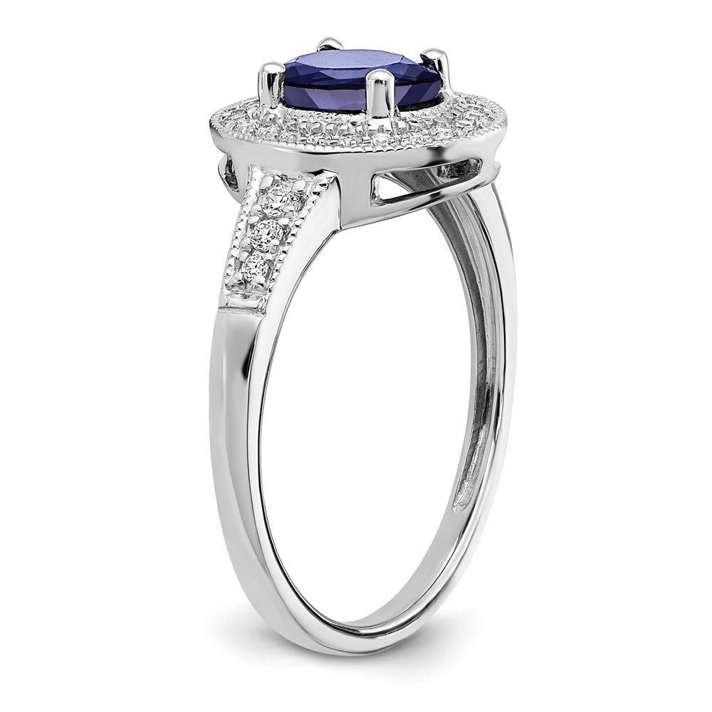 14k White Gold Oval Created Sapphire and Diamond Halo Ring