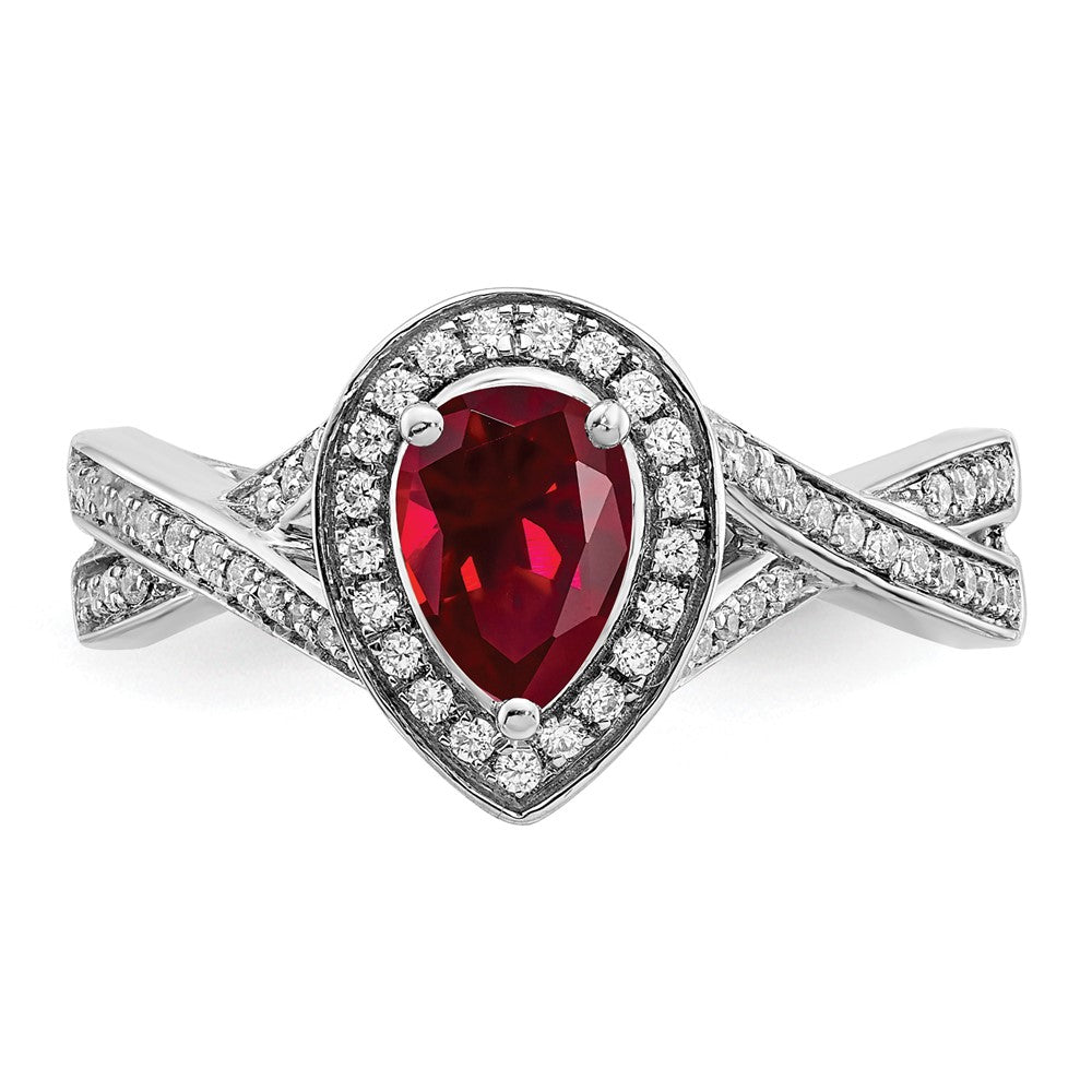 14k White Gold Pear Created Ruby and Diamond Halo Ring