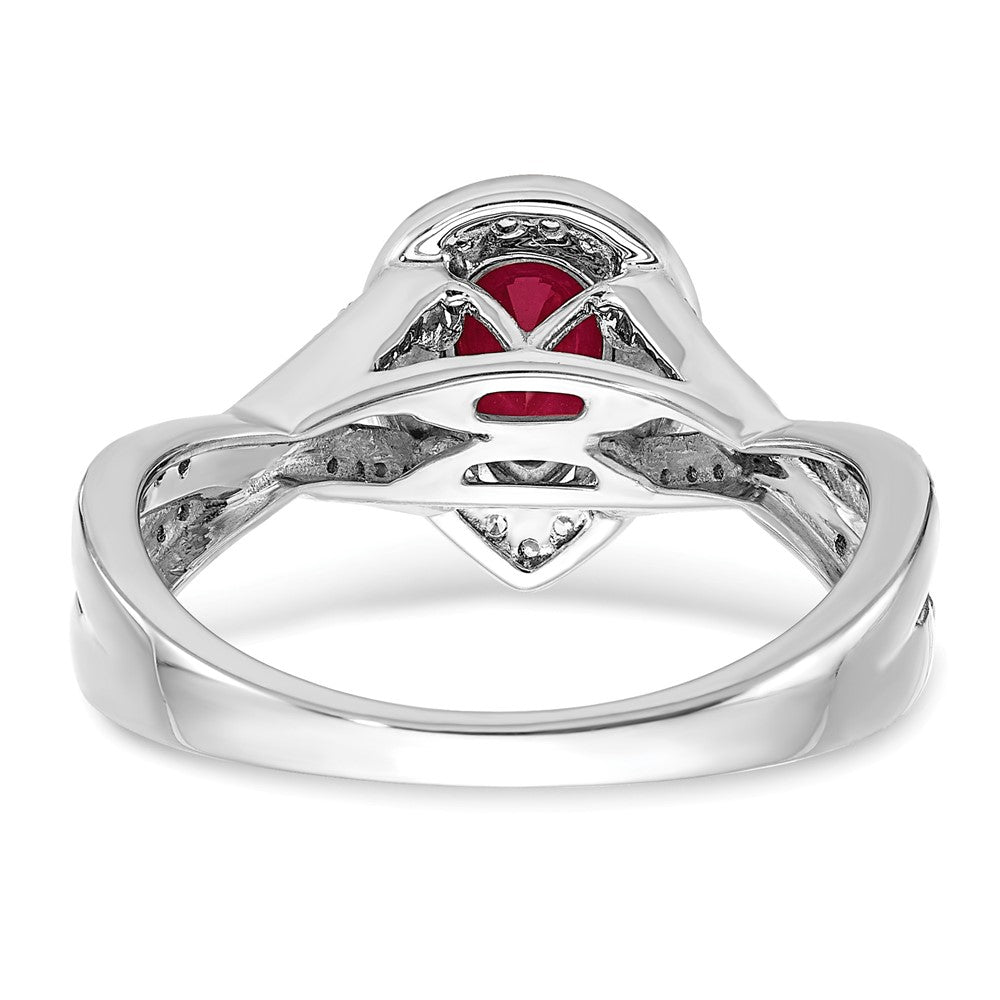 14k White Gold Pear Created Ruby and Diamond Halo Ring