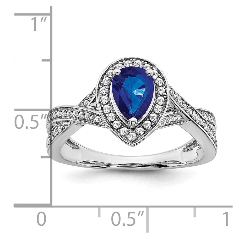 14k White Gold Pear Created Sapphire and Diamond Halo Ring