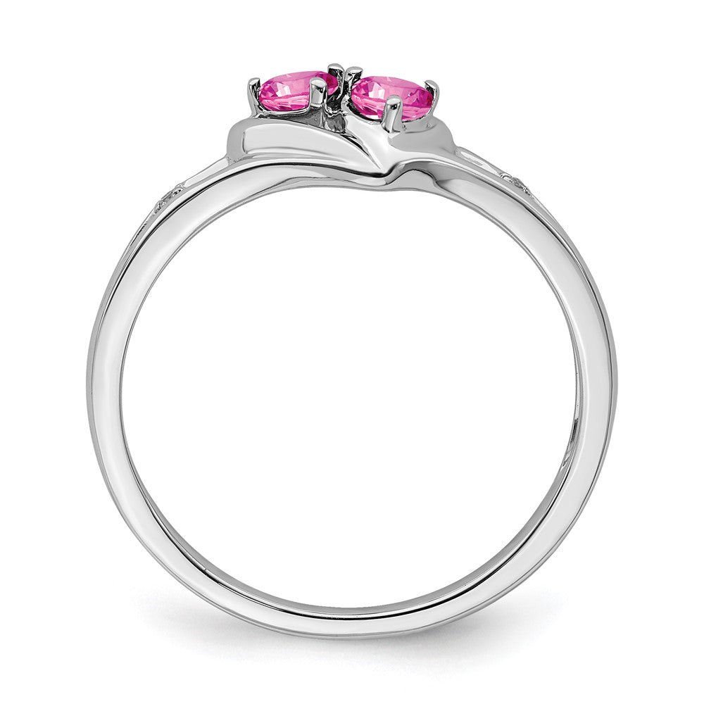 14k White Gold Created Pink Sapphire and Diamond 2-stone Heart Ring
