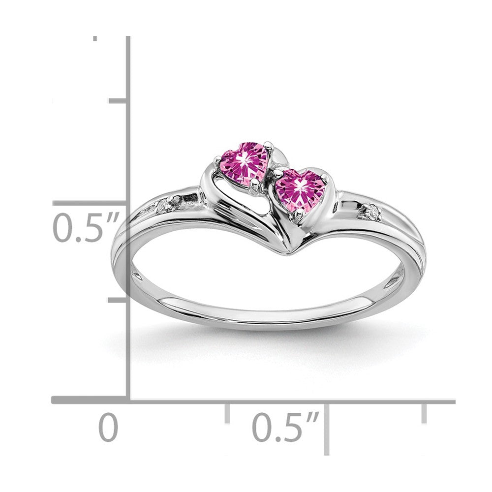 14k White Gold Created Pink Sapphire and Diamond 2-stone Heart Ring