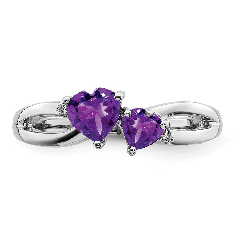 14k White Gold Amethyst and Diamond 2-stone Heart Ring