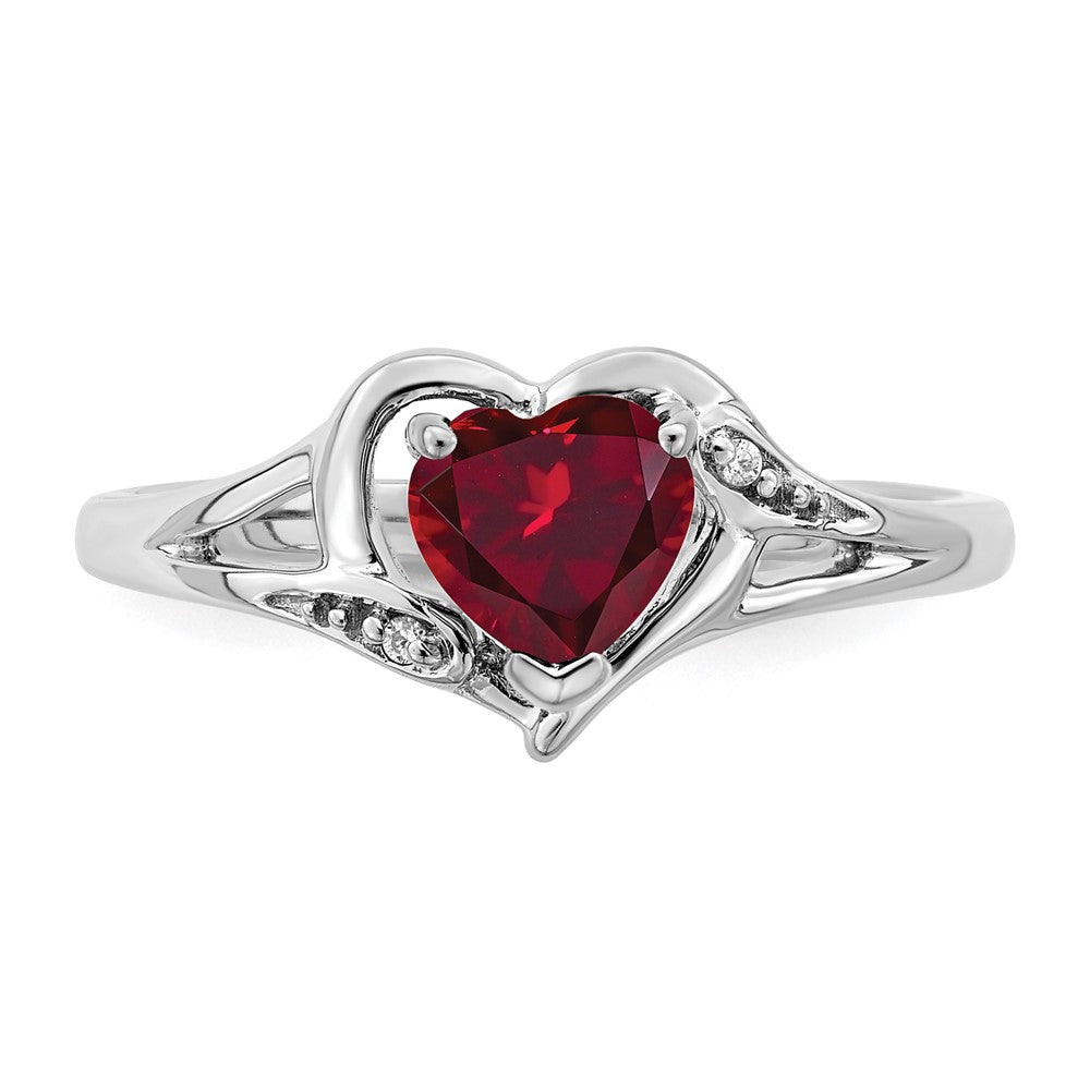 14k White Gold Created Ruby and Diamond Heart Ring