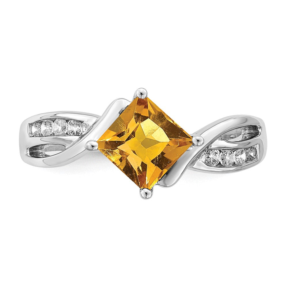 14k White Gold Square Citrine and Diamond Ring
