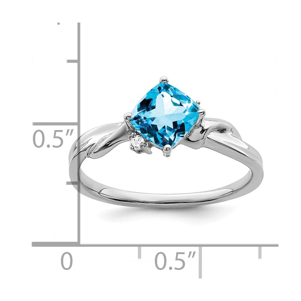 14k White Gold Cushion Blue Topaz and Diamond Ring