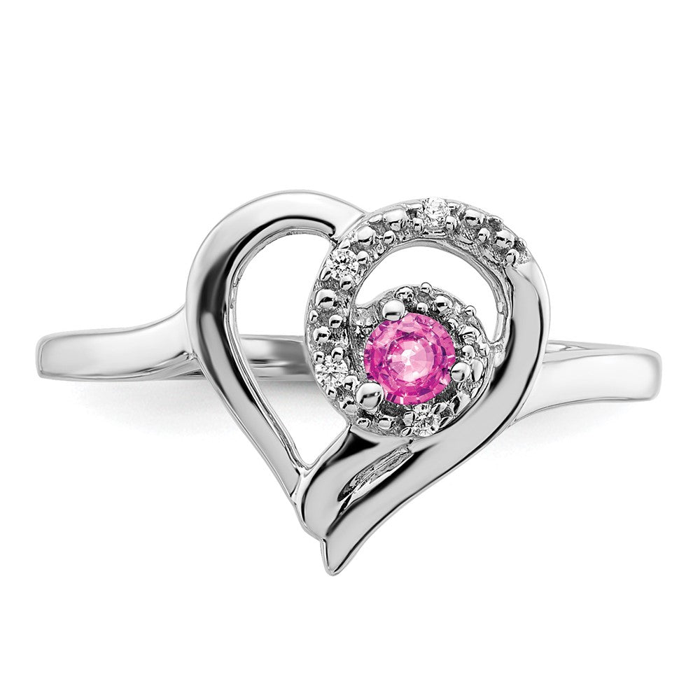 14k White Gold Created Pink Sapphire and Diamond Heart Ring