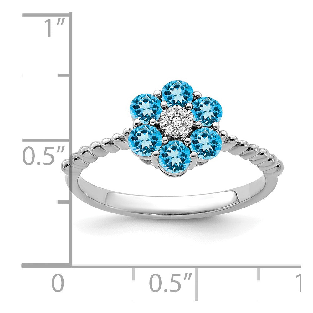 14k White Gold Blue Topaz and Diamond Floral Ring