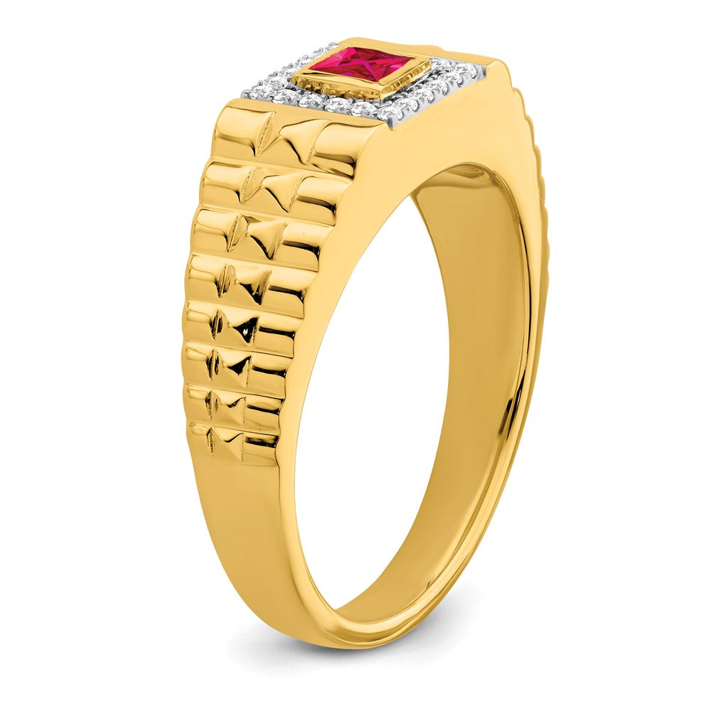 14k Square Ruby and Diamond Mens Ring