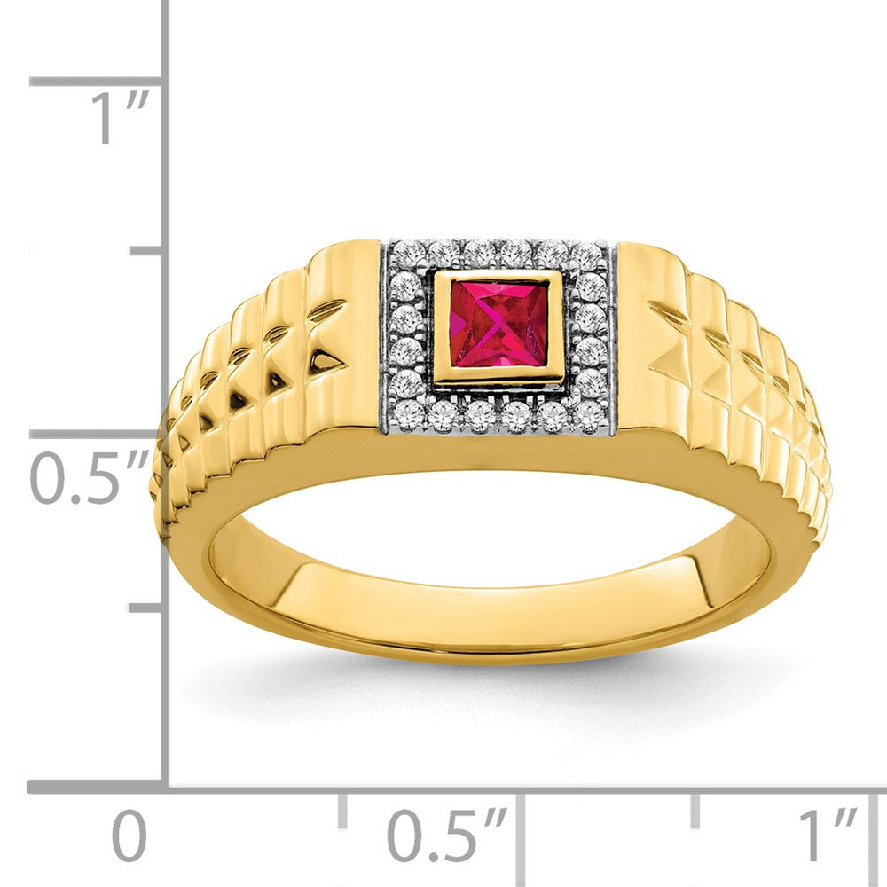 14k Square Ruby and Diamond Mens Ring