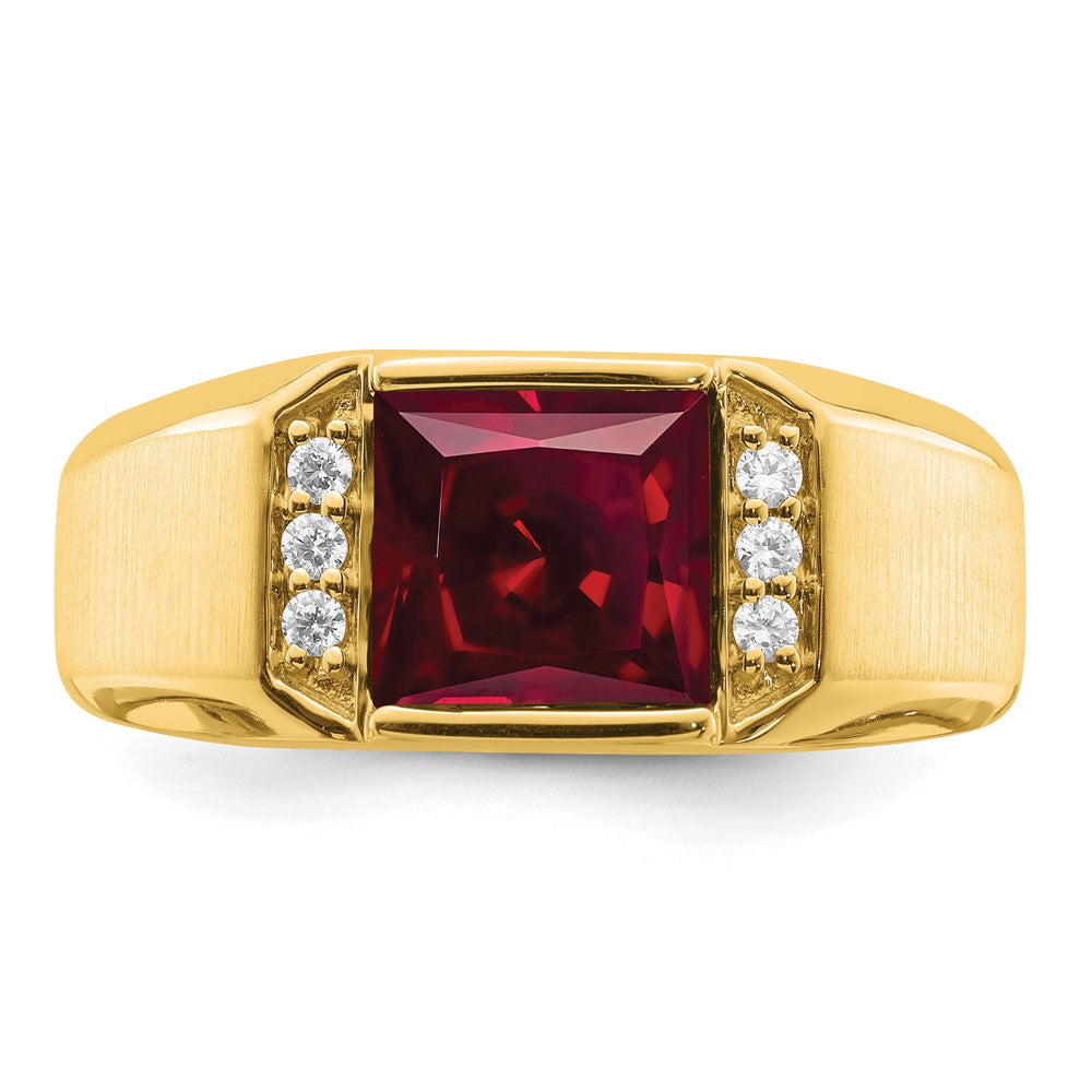 14k Square Created Ruby and Diamond Mens Ring