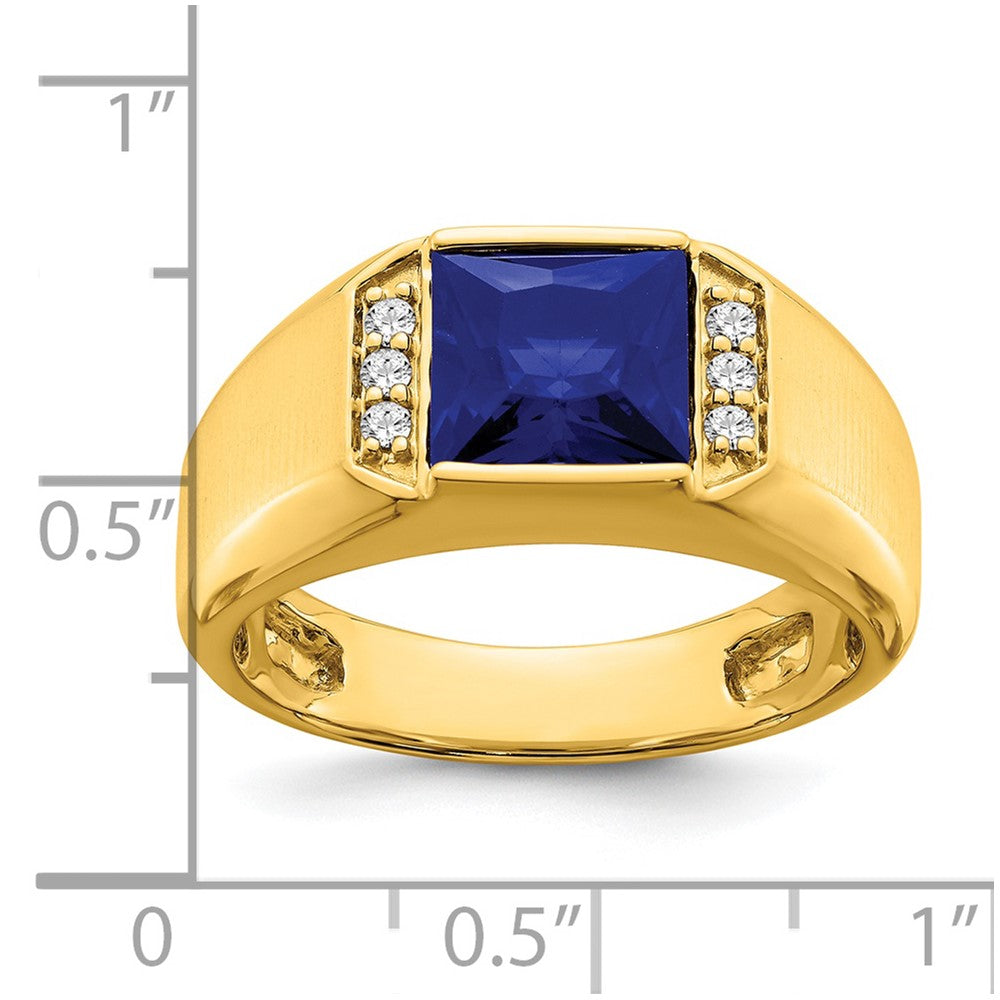14k Square Created Sapphire and Diamond Mens Ring