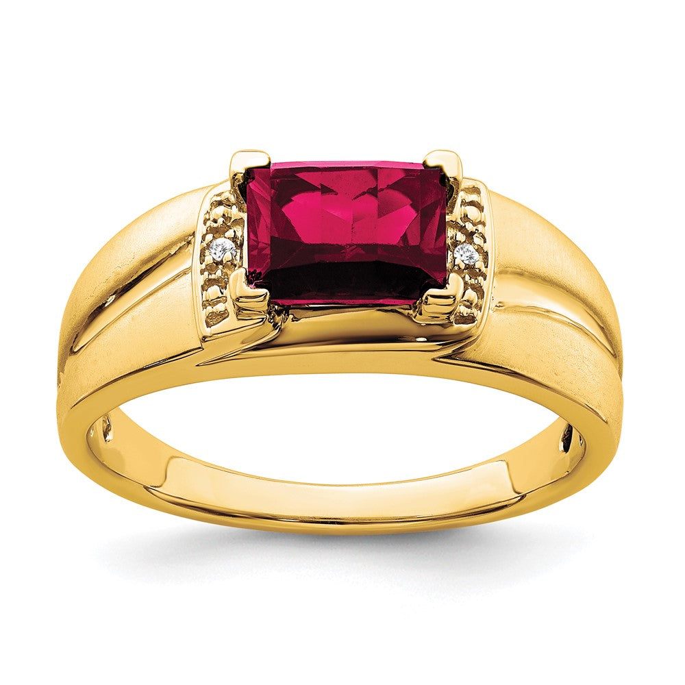 14k Emerald-cut Created Ruby and Diamond Mens Ring