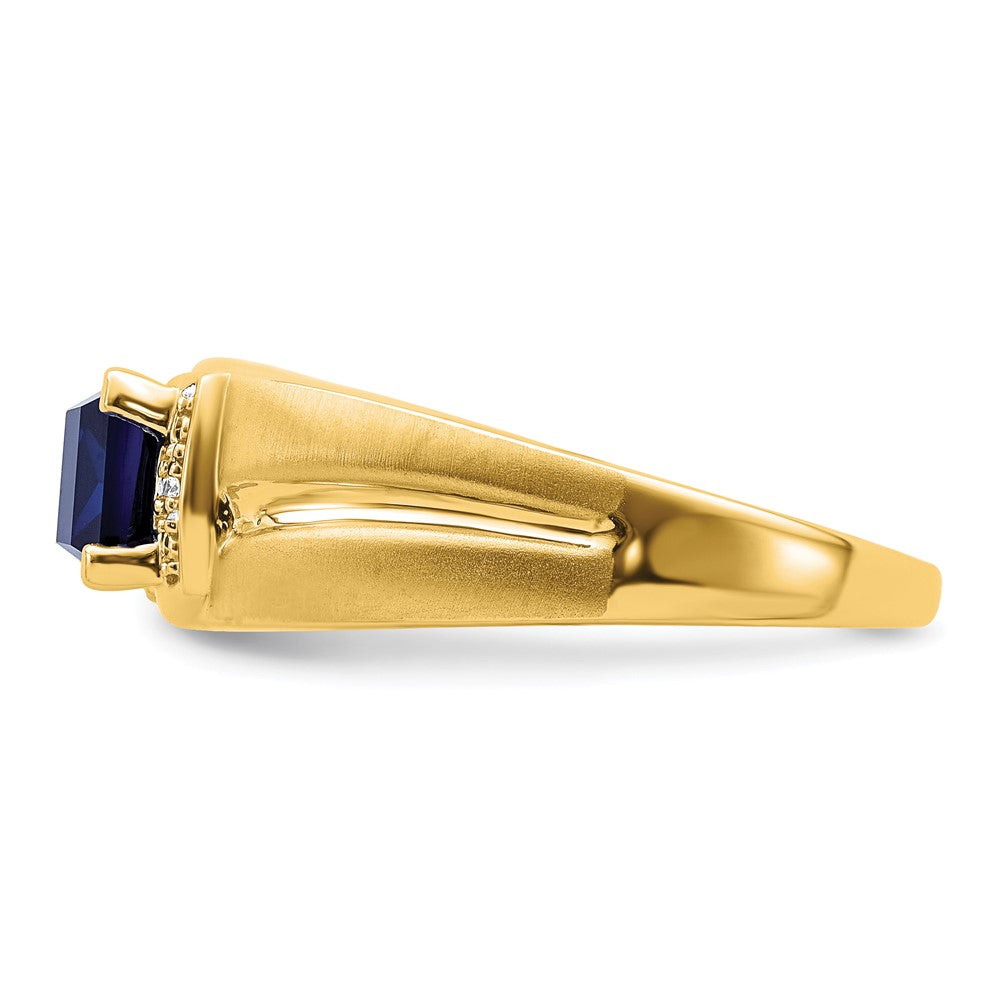 14k Emerald-cut Created Sapphire and Diamond Mens Ring