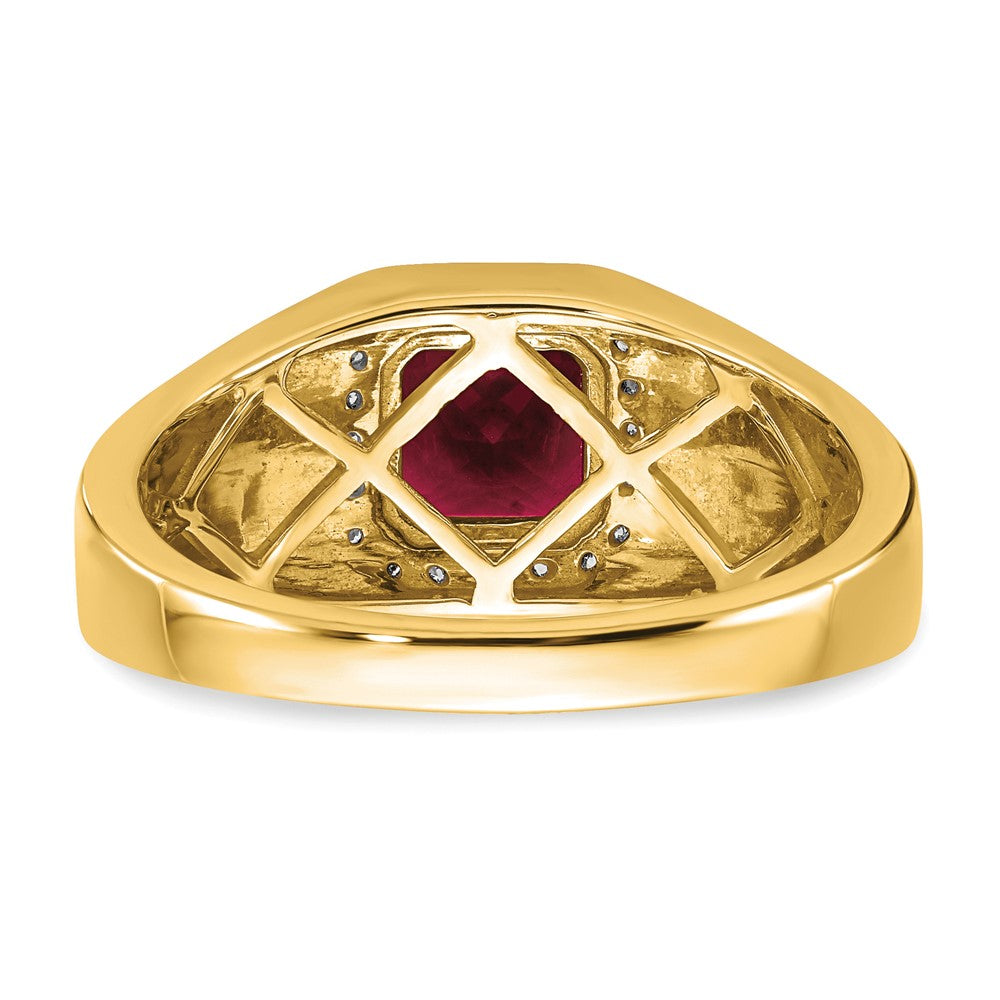 14k Cushion Created Ruby and Diamond Mens Ring