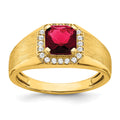 14k Cushion Created Ruby and Diamond Mens Ring