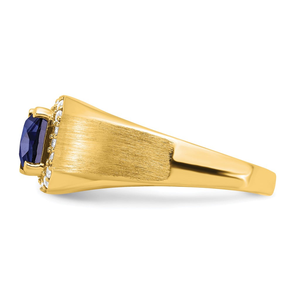 14k Cushion Created Sapphire and Diamond Mens Ring