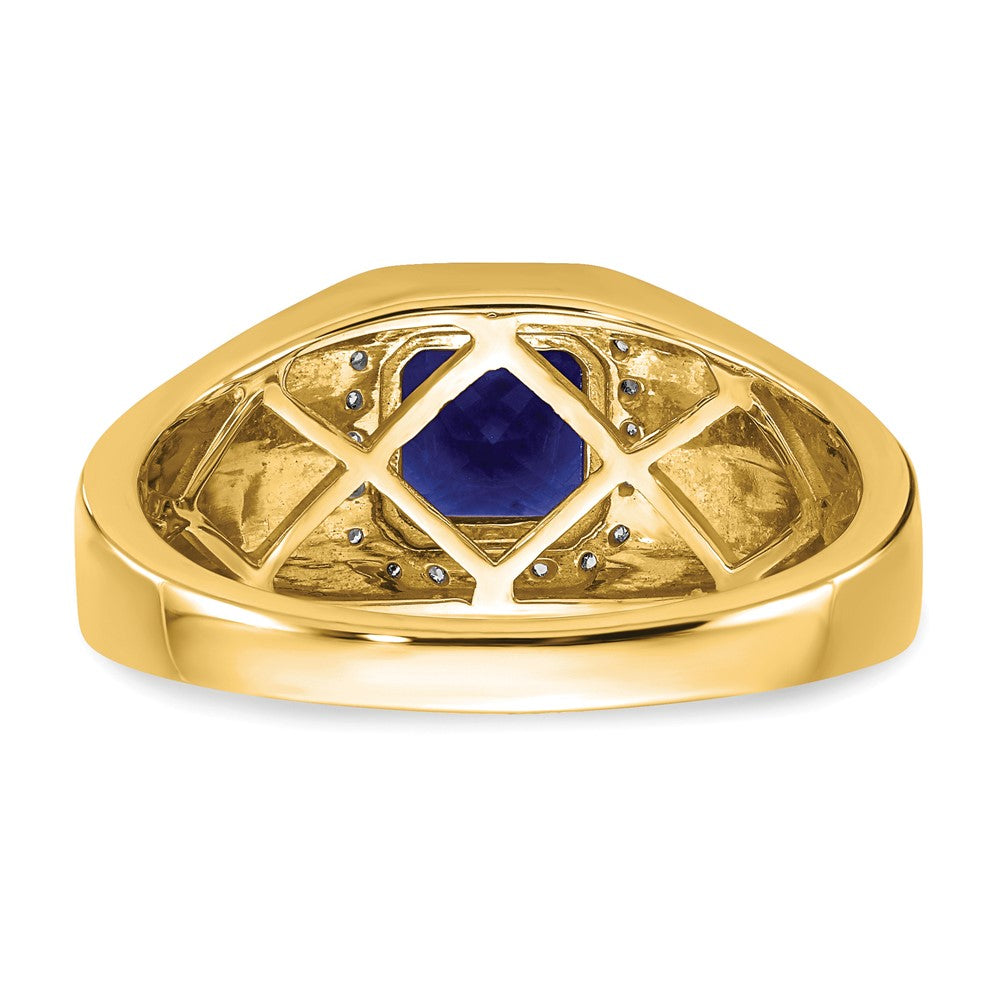 14k Cushion Created Sapphire and Diamond Mens Ring