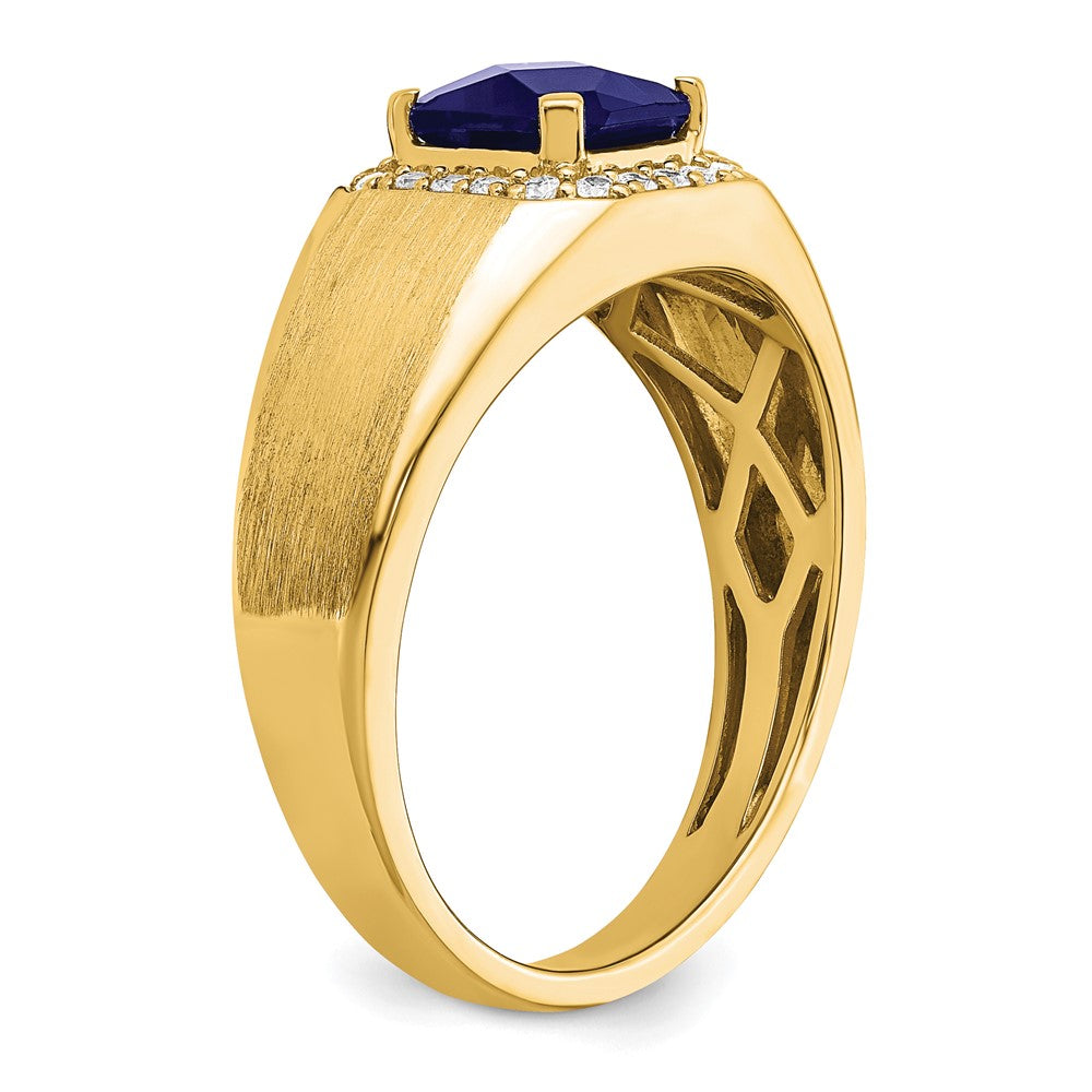 14k Cushion Created Sapphire and Diamond Mens Ring