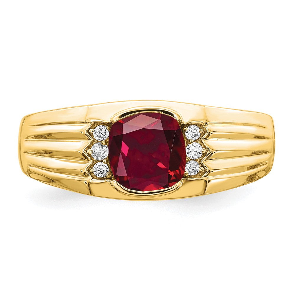 14k Cushion Created Ruby and Diamond Mens Ring