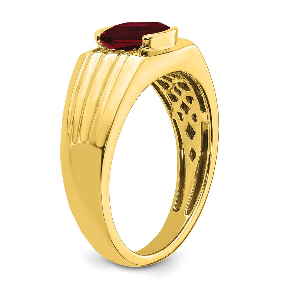 14k Cushion Created Ruby and Diamond Mens Ring