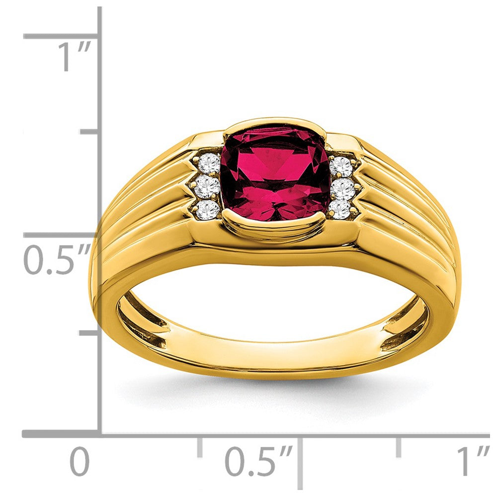14k Cushion Created Ruby and Diamond Mens Ring
