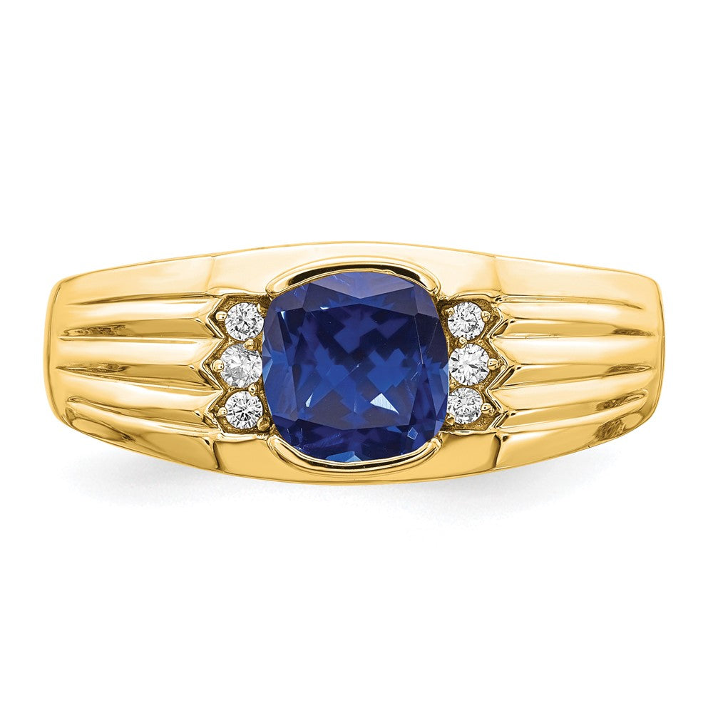 14k Cushion Created Sapphire and Diamond Mens Ring