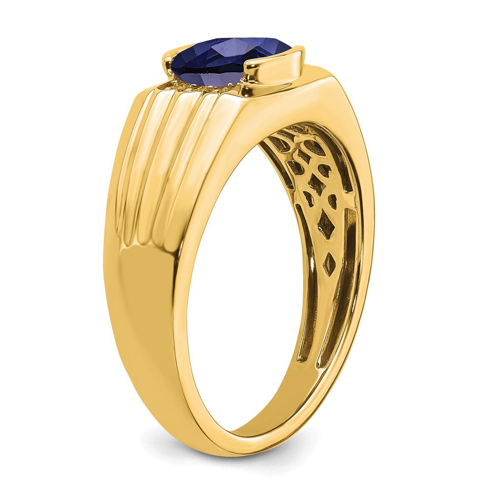 14k Cushion Created Sapphire and Diamond Mens Ring