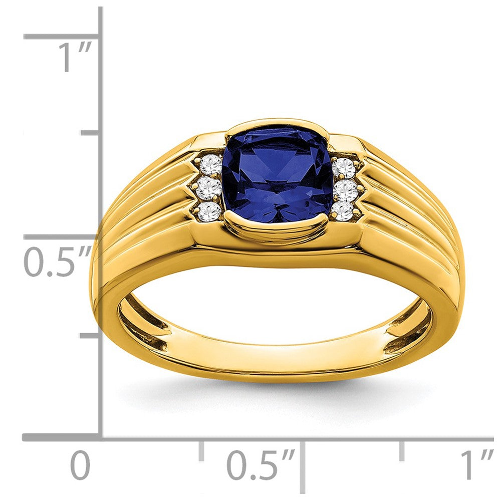14k Cushion Created Sapphire and Diamond Mens Ring