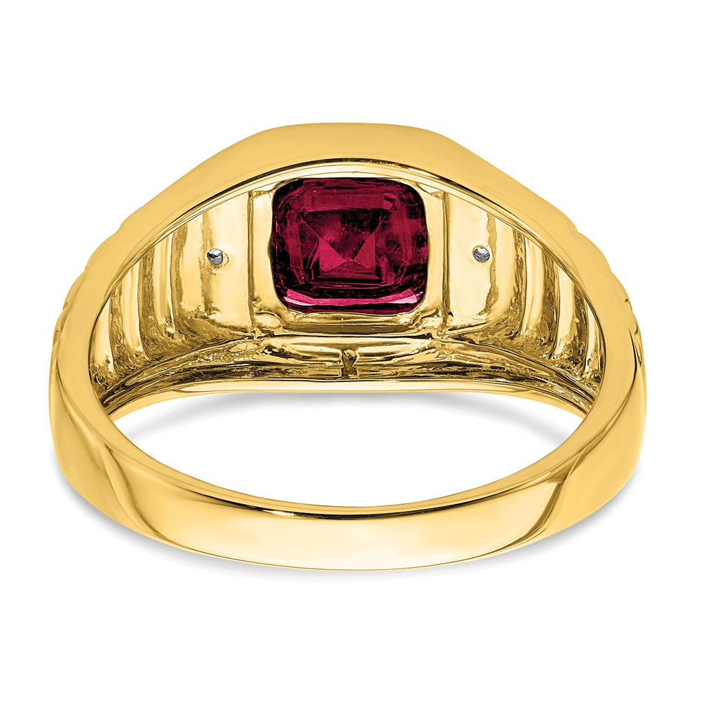 14k Cushion Created Ruby and Diamond Mens Ring