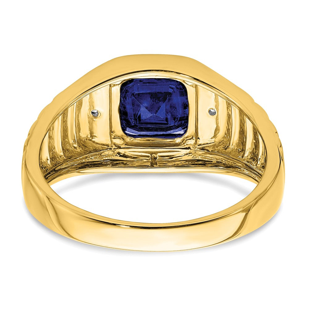 14k Cushion Created Sapphire and Diamond Mens Ring