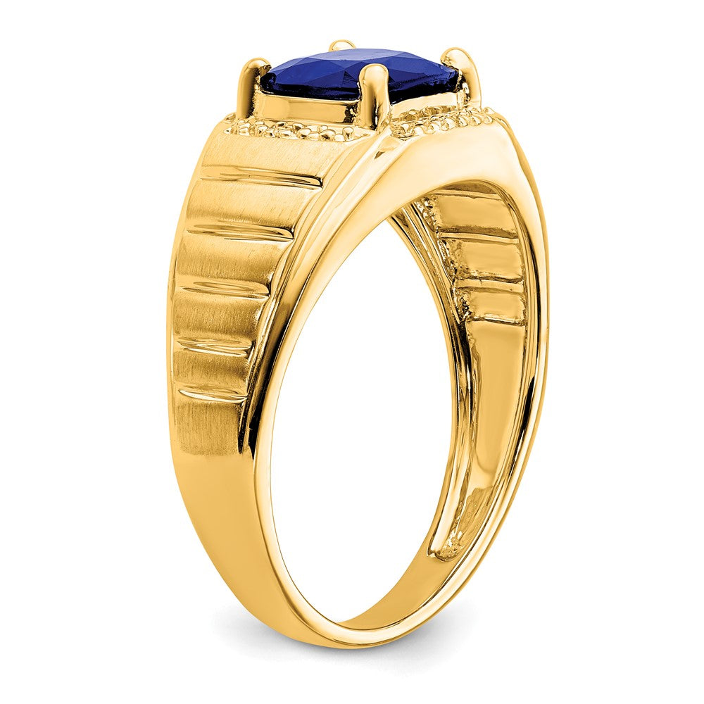 14k Cushion Created Sapphire and Diamond Mens Ring
