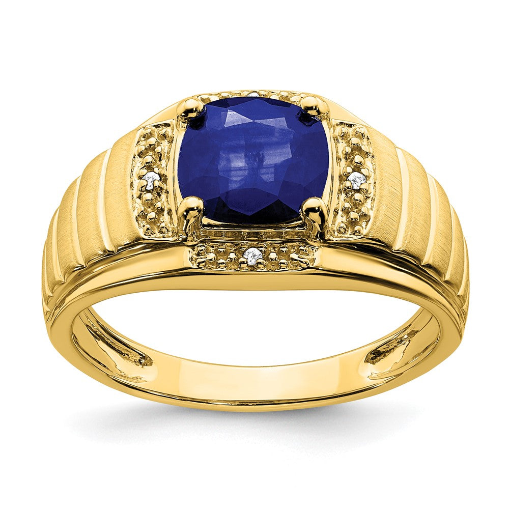 14k Cushion Created Sapphire and Diamond Mens Ring