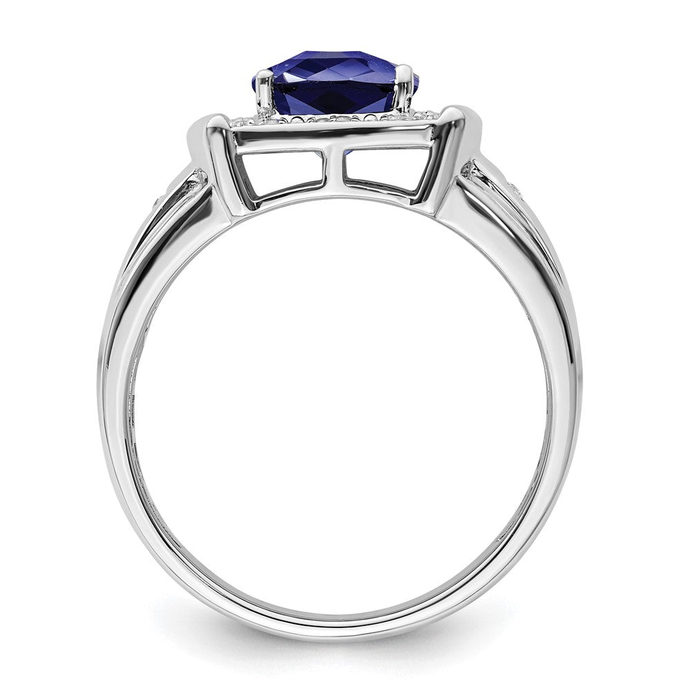 14k White Gold Cushion Created Sapphire and Diamond Mens Ring