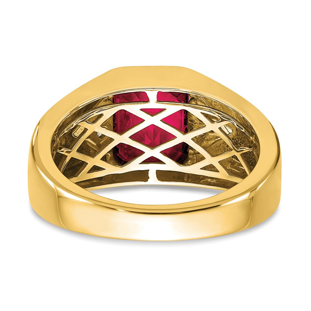 14k Emerald-cut Created Ruby and Diamond Mens Ring