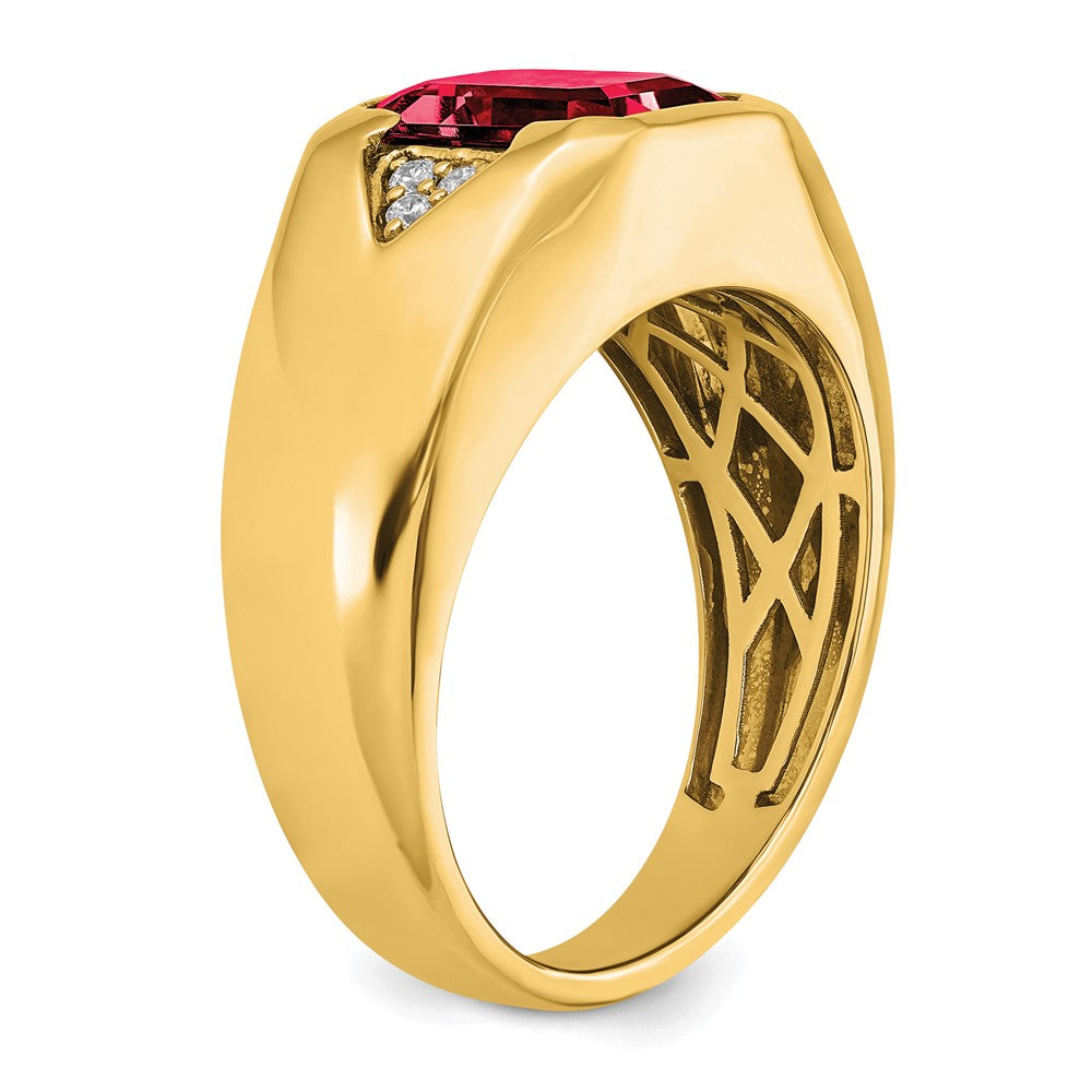 14k Emerald-cut Created Ruby and Diamond Mens Ring