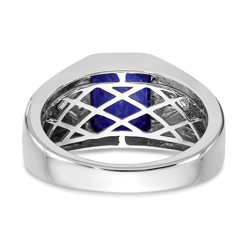14k White Gold Emerald-cut Created Sapphire and Diamond Mens Ring
