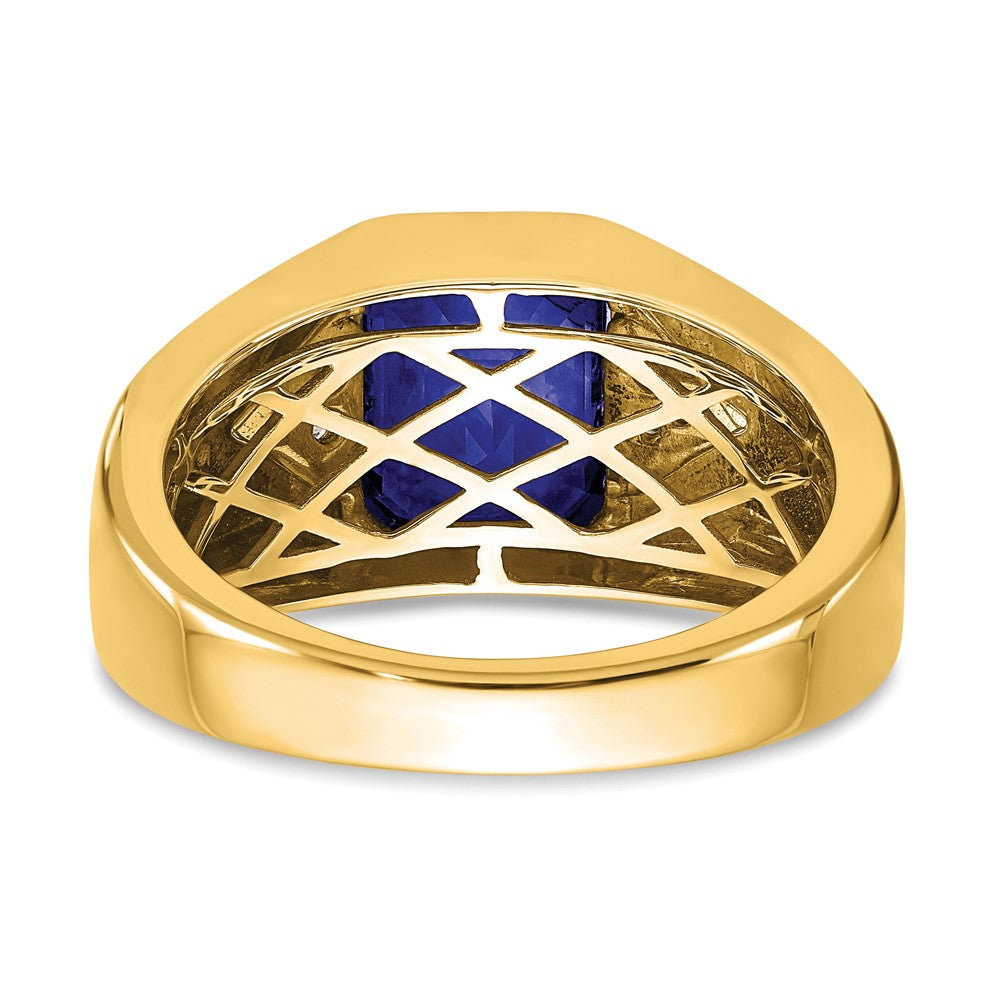14k Emerald-cut Created Sapphire and Diamond Mens Ring