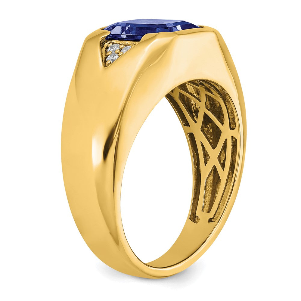 14k Emerald-cut Created Sapphire and Diamond Mens Ring
