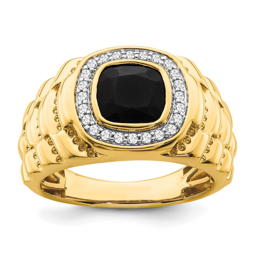 14k Onyx and Diamond Textured Mens Ring