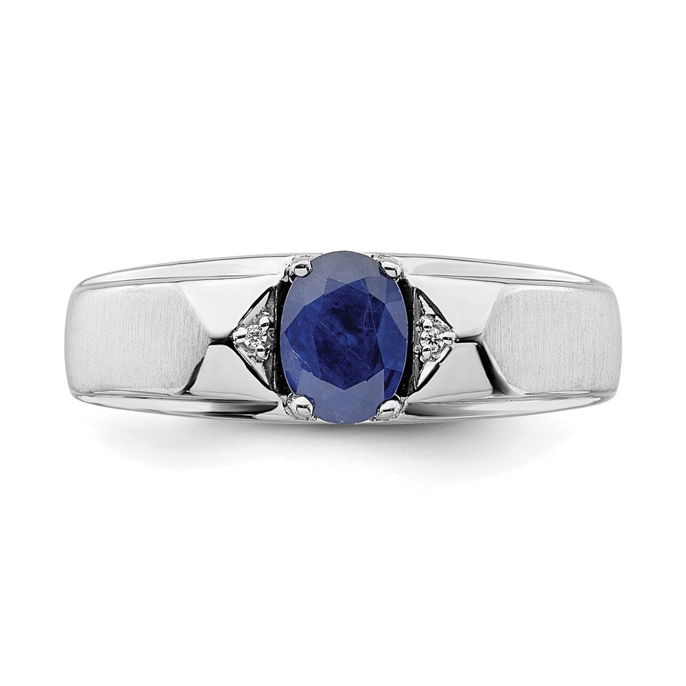 14k White Polished & Satin Sapphire & Diamond Mens Ring