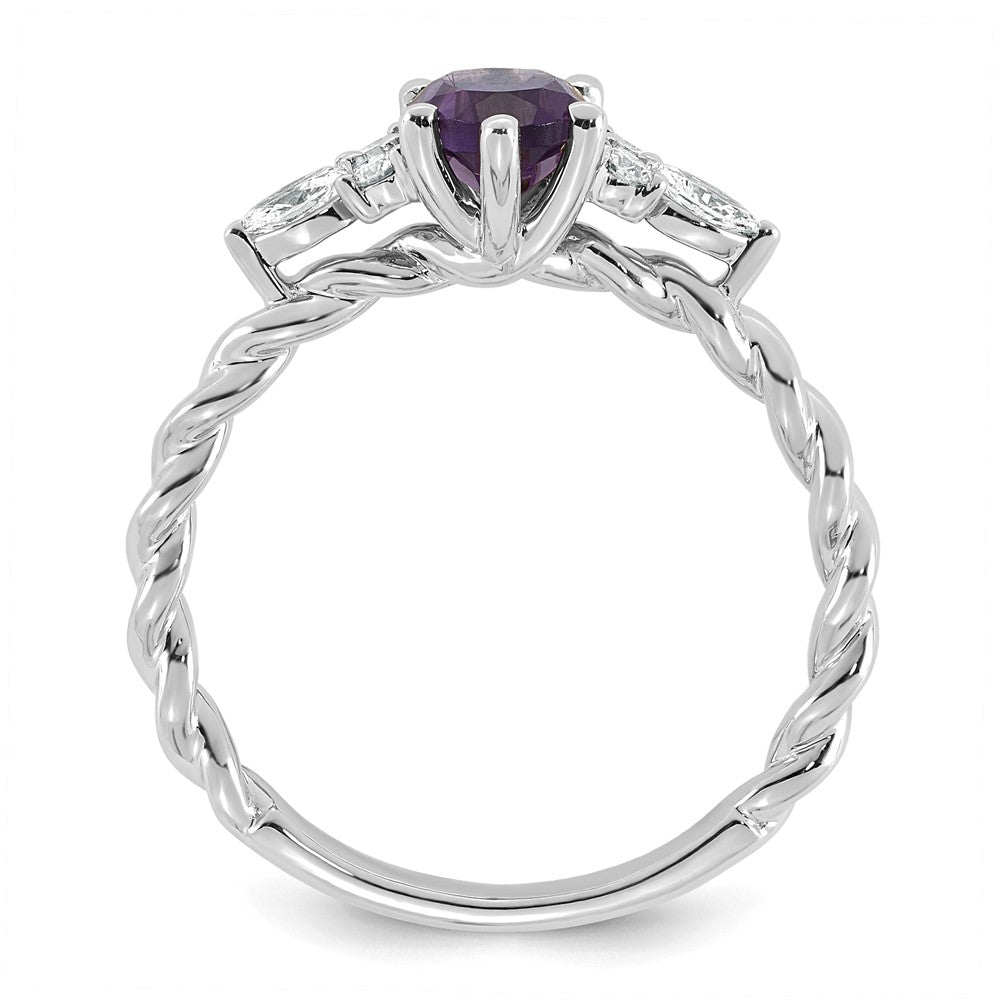 14K White Gold Polished Diamond and Amethyst Twisted Ring