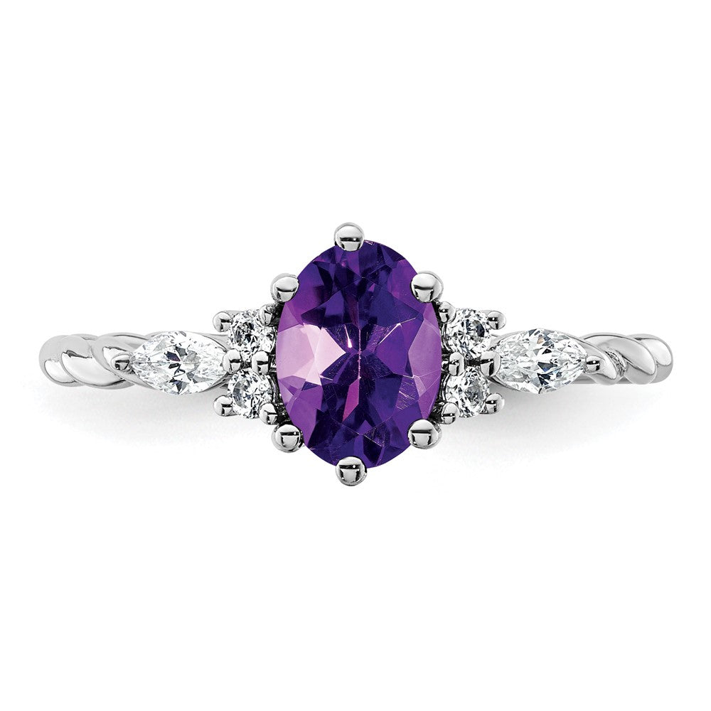14K White Gold Polished Diamond and Amethyst Twisted Ring