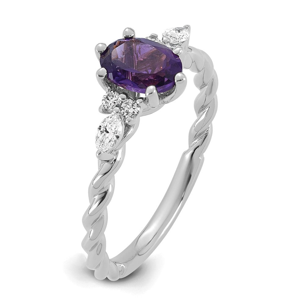 14K White Gold Polished Diamond and Amethyst Twisted Ring