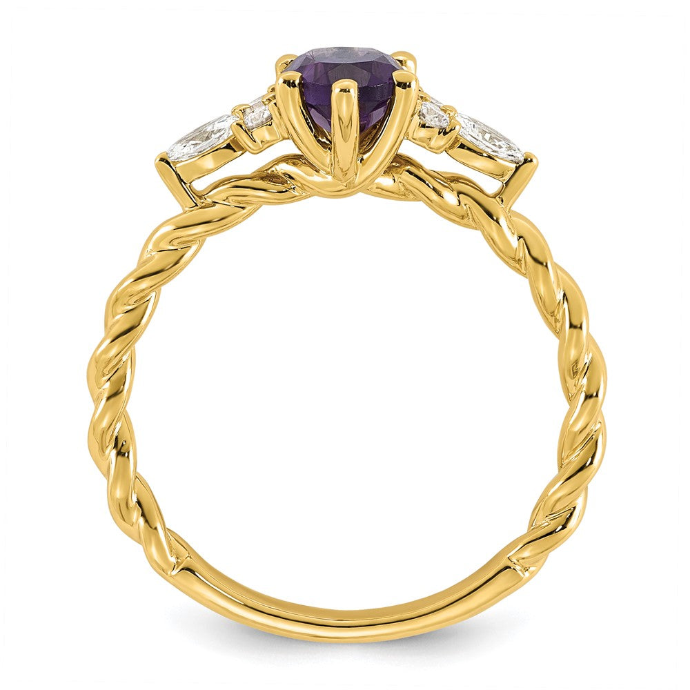 14K Polished Diamond and Amethyst Twisted Ring