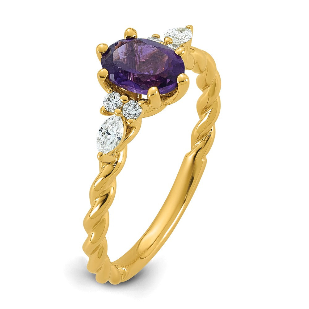 14K Polished Diamond and Amethyst Twisted Ring
