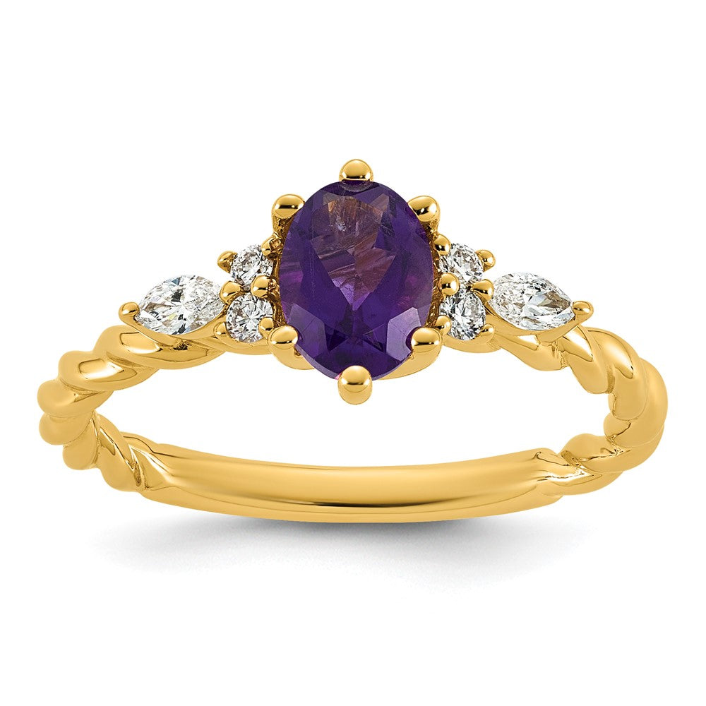 14K Polished Diamond and Amethyst Twisted Ring