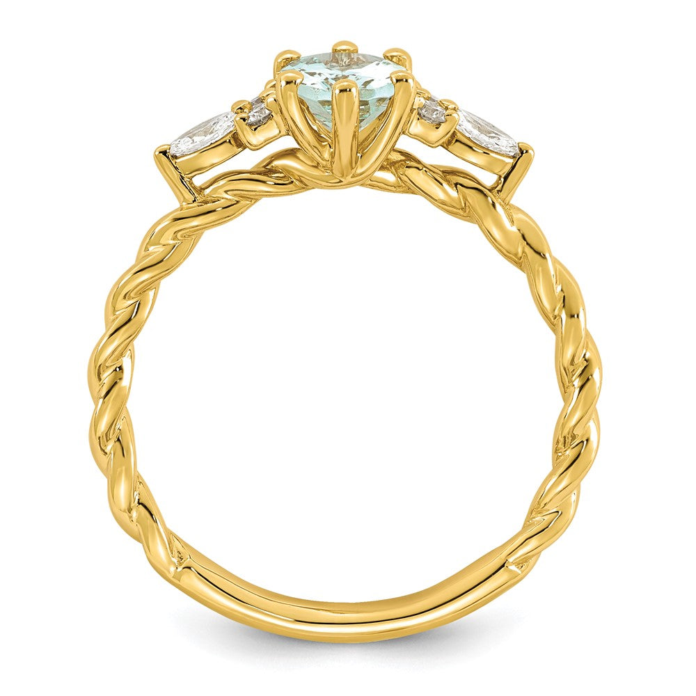 14K Polished Diamond and Aquamarine Twisted Ring